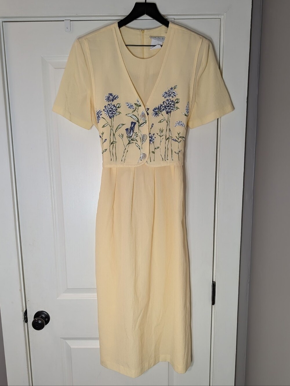 Vintage Yellow Embroidered Midi Dress with Blue Floral Detail